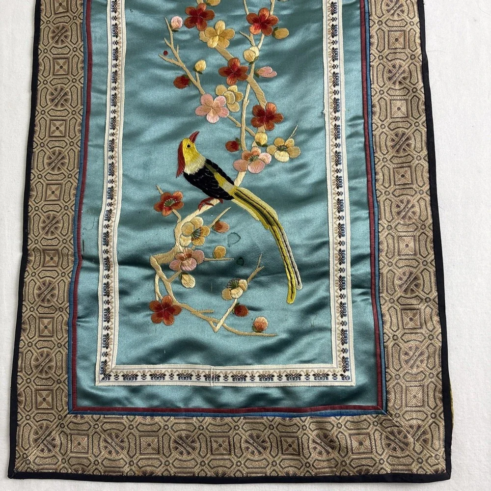 Vintage Chinese Silk Embroidery Panel Birds Teal Silk Metallic 11.5x25